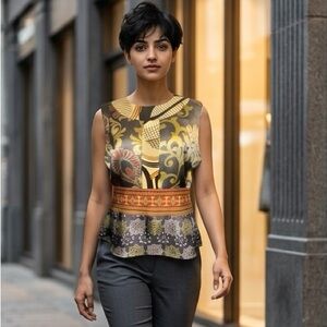 EUC Whitley SZ L gray/rust/geen/multicolored silk sleeveless blouse/bust 40”